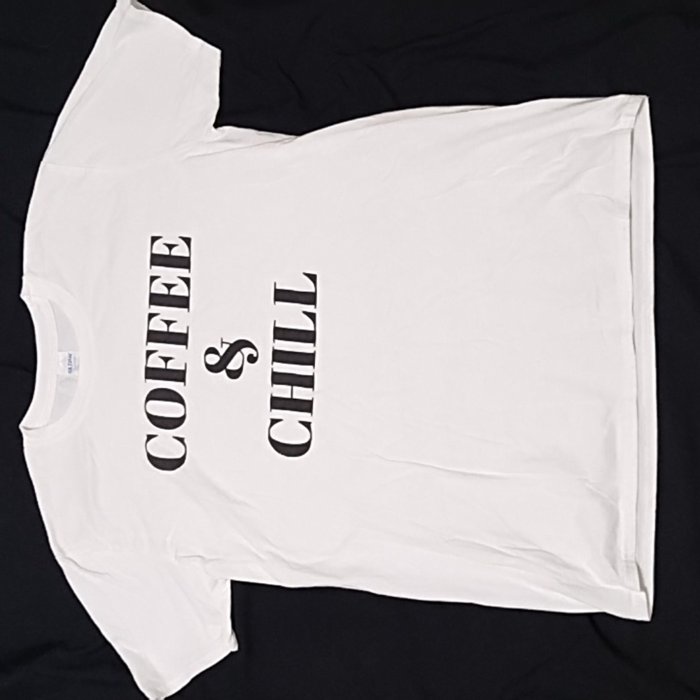 Coffee & Chill White tee. Tell the world you are a Laid-Back Coffee Lover Sz L